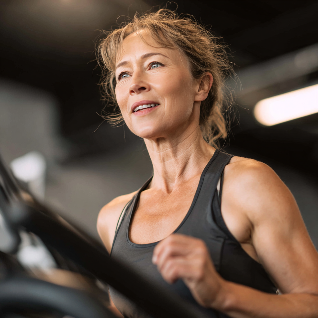 Жена на 52 години прави кардио упражнения и изглежда енергична и здрава