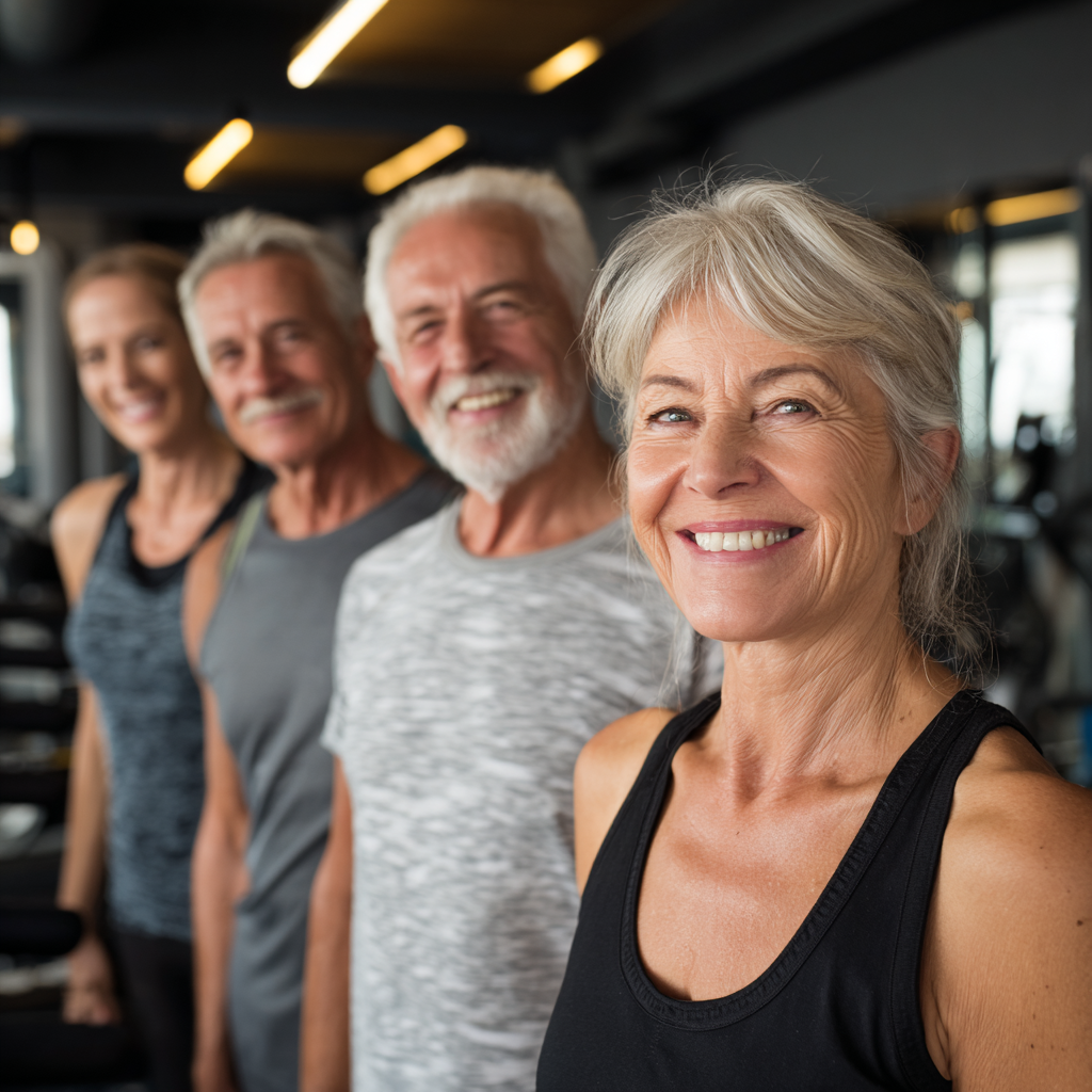 Група хора на възраст 50-60 години се усмихват след тренировка в модерна фитнес зала