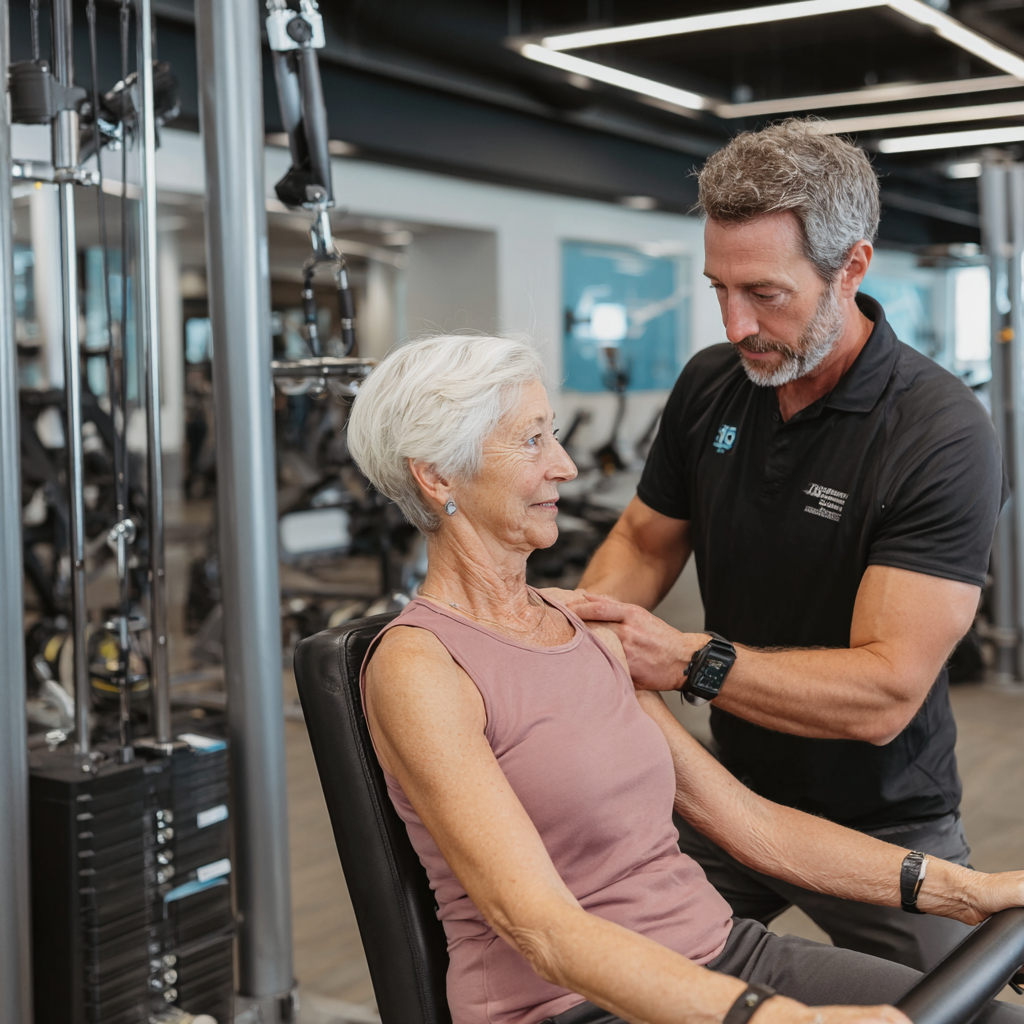 Персонален треньор работи с клиент на 58 години в модерна фитнес зала